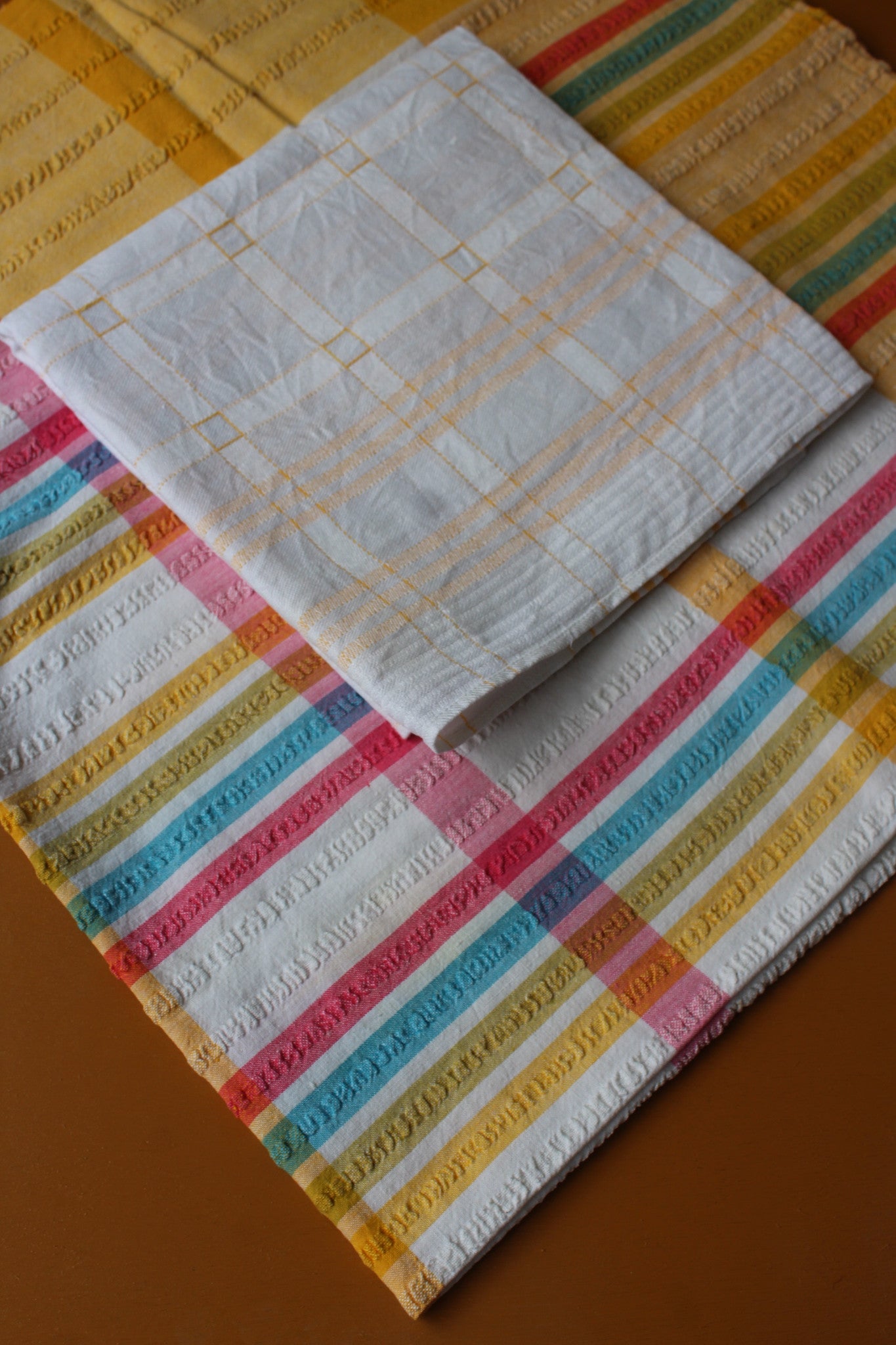 Pair Vintage Tablecloths Checked White & Yellow - Kernow Furniture