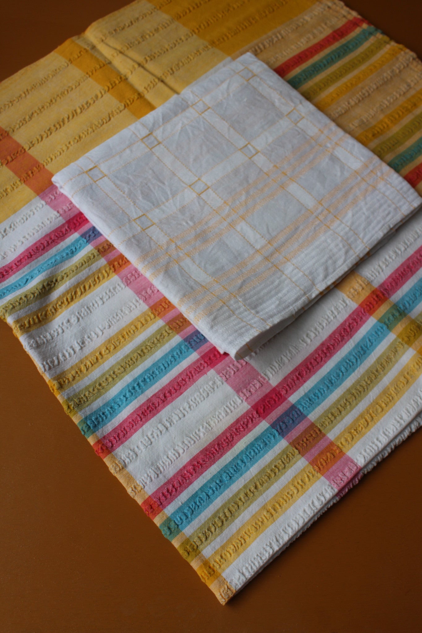 Pair Vintage Tablecloths Checked White & Yellow - Kernow Furniture