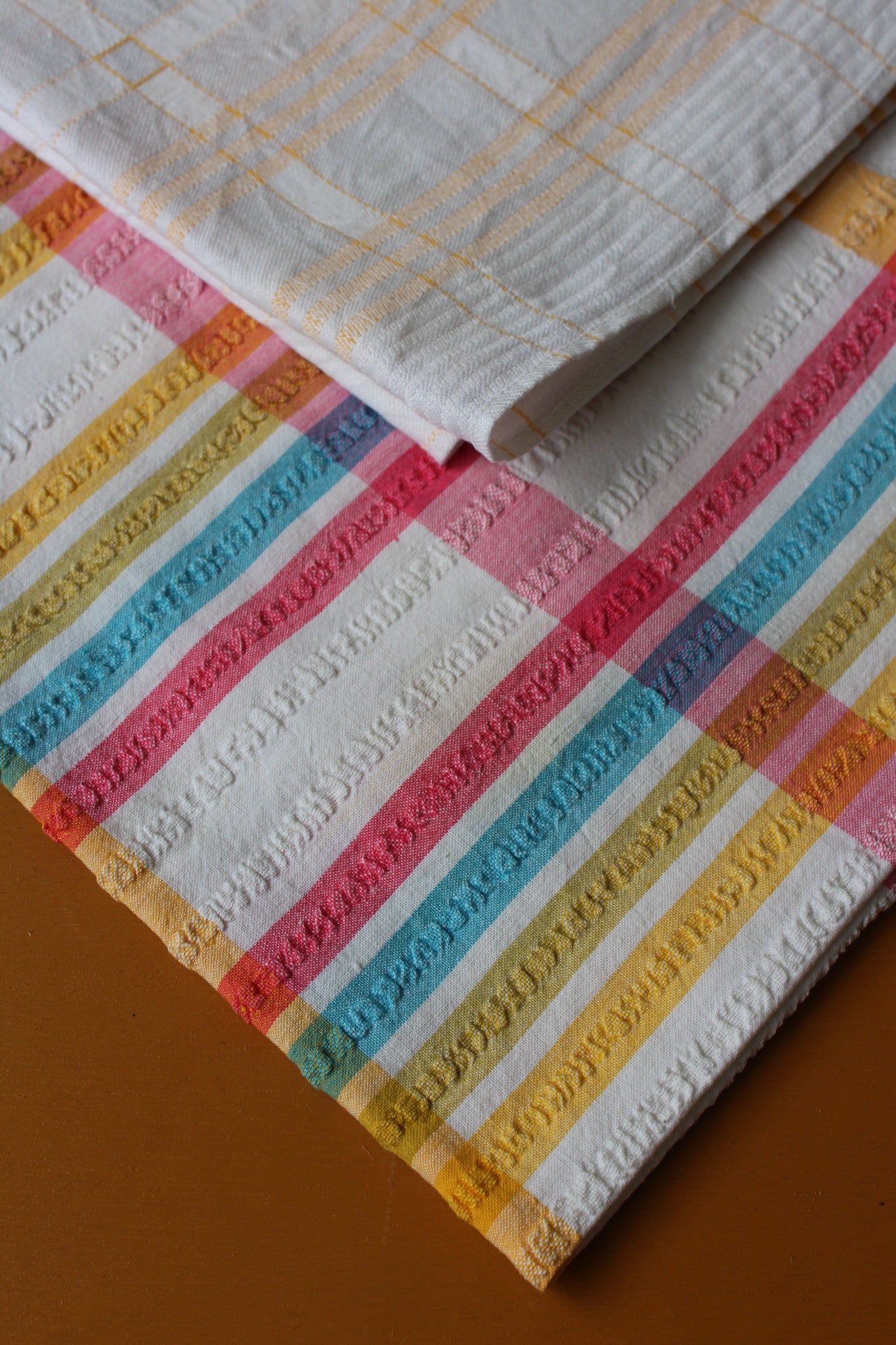 Pair Vintage Tablecloths Checked White & Yellow - Kernow Furniture