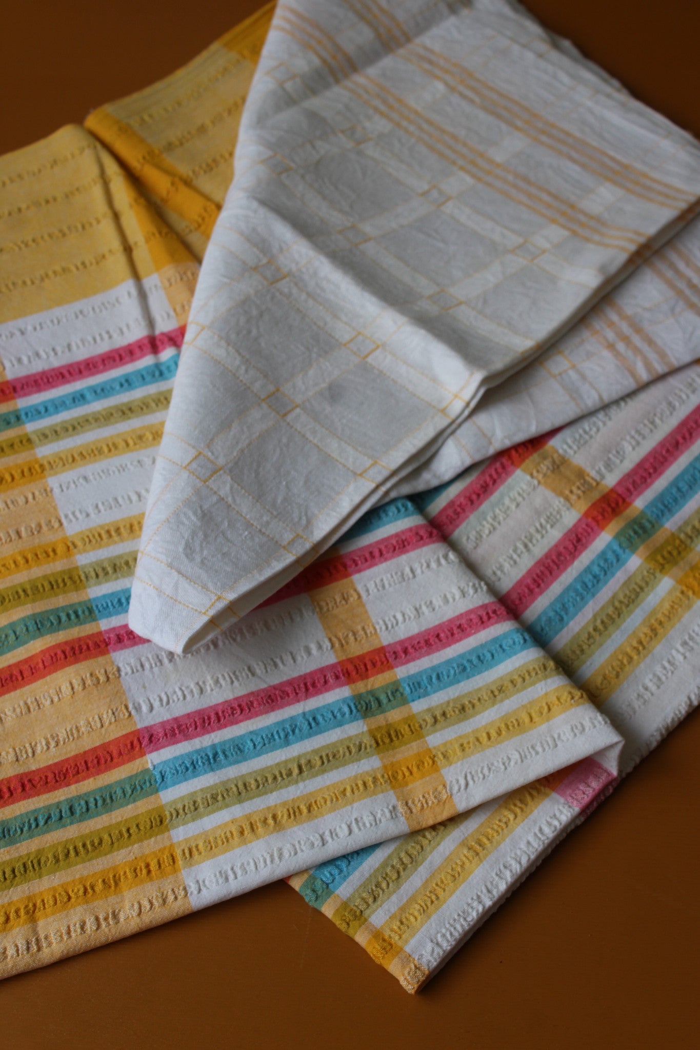 Pair Vintage Tablecloths Checked White & Yellow - Kernow Furniture