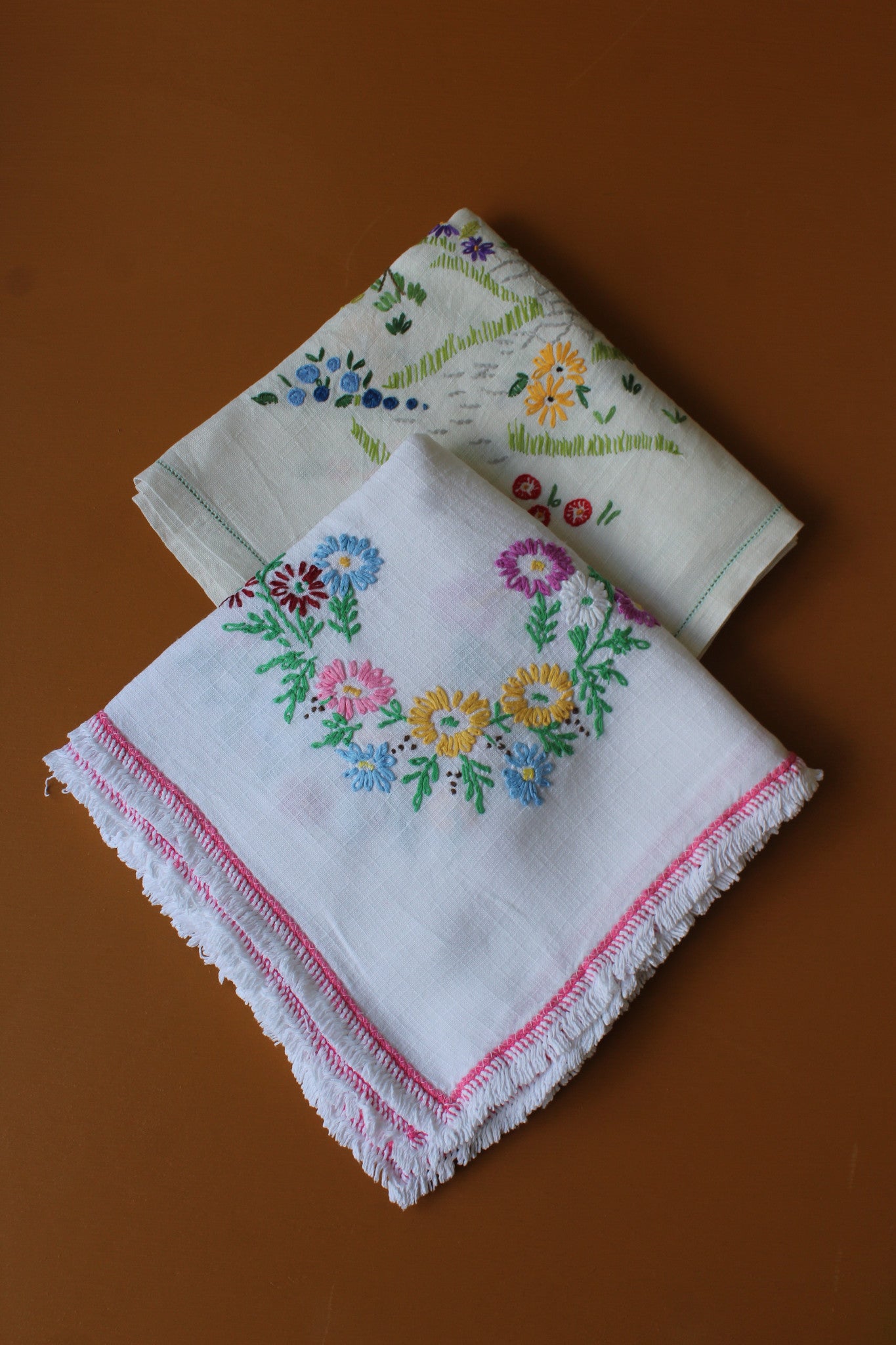 Pair Floral Embroidered Tablecloths - Kernow Furniture