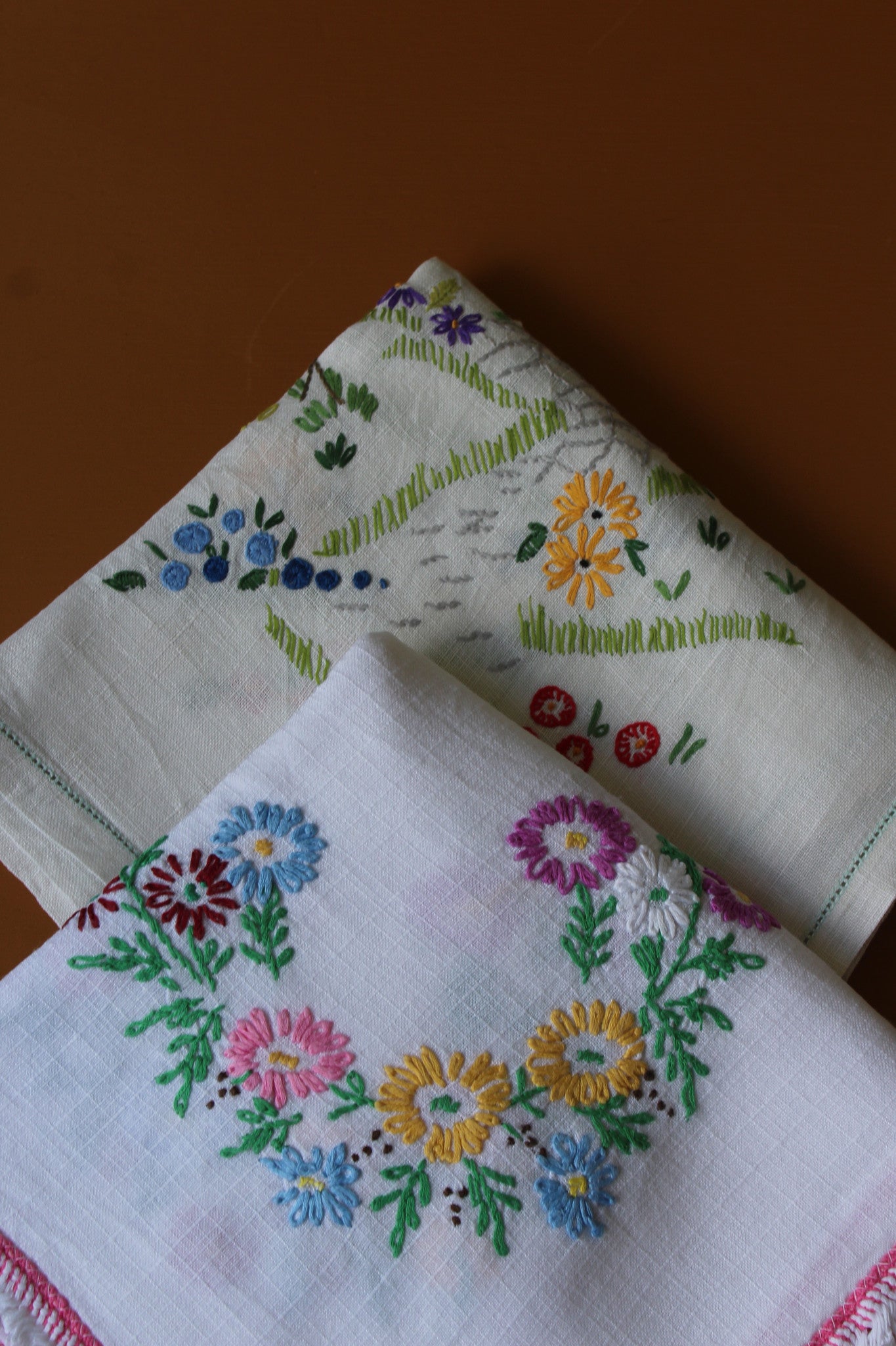 Pair Floral Embroidered Tablecloths - Kernow Furniture