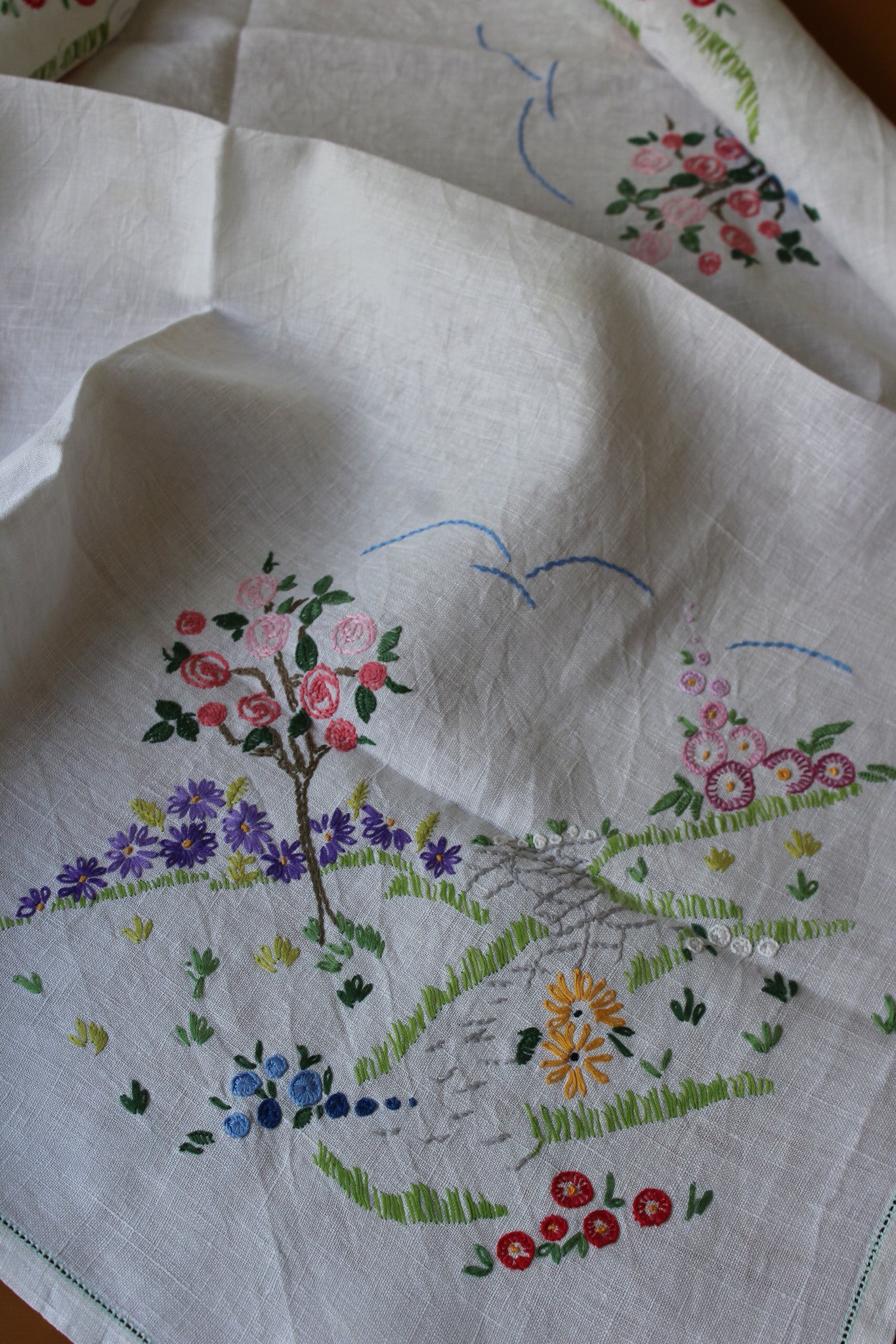 Pair Floral Embroidered Tablecloths - Kernow Furniture