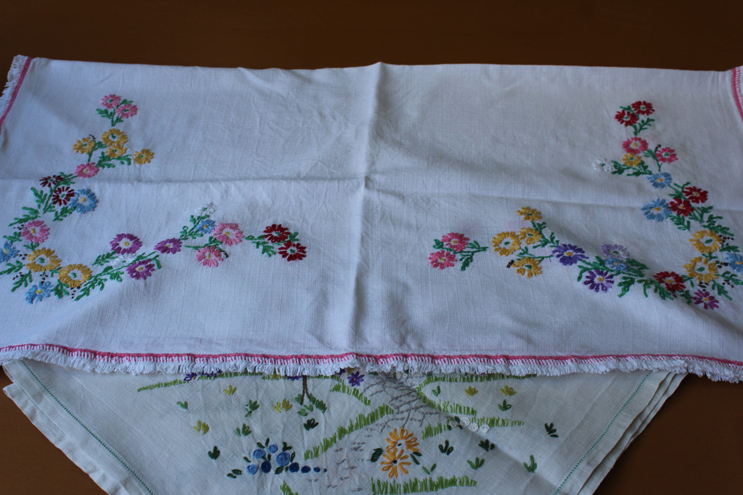 Pair Floral Embroidered Tablecloths - Kernow Furniture