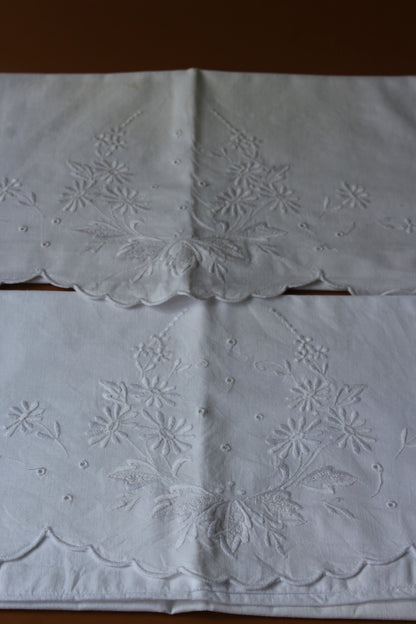 Pair White Linen Floral Pillow Slip Covers - Kernow Furniture