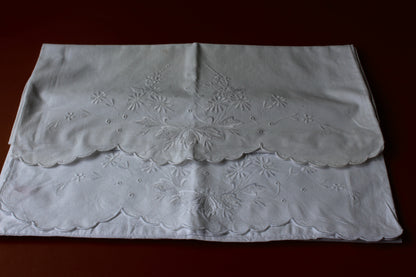 Pair White Linen Floral Pillow Slip Covers - Kernow Furniture