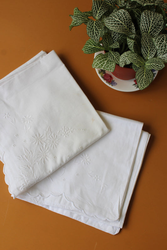 Pair White Linen Floral Pillow Slip Covers - Kernow Furniture