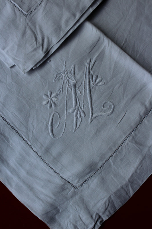 Pair White Linen Pillow Slips M Monogram - Kernow Furniture