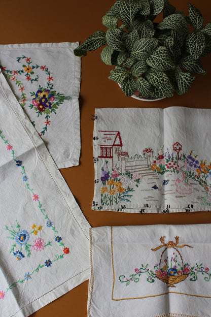 4 Vintage Embroidered Linen Tray Cloths - Kernow Furniture