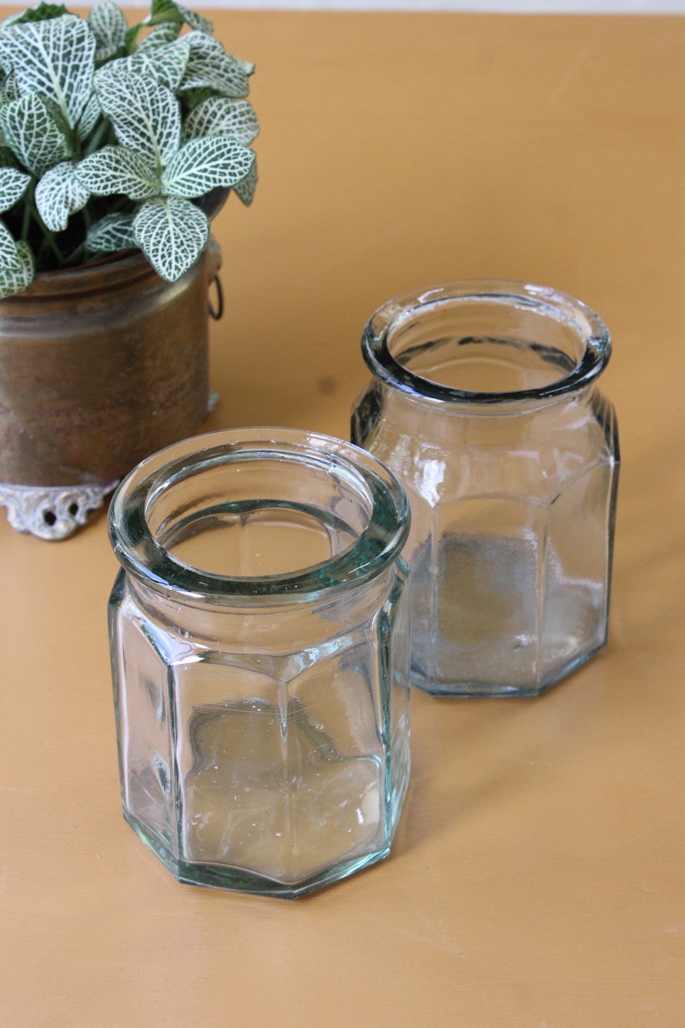 Pair Vintage Hexagonal Glass Jars - Kernow Furniture