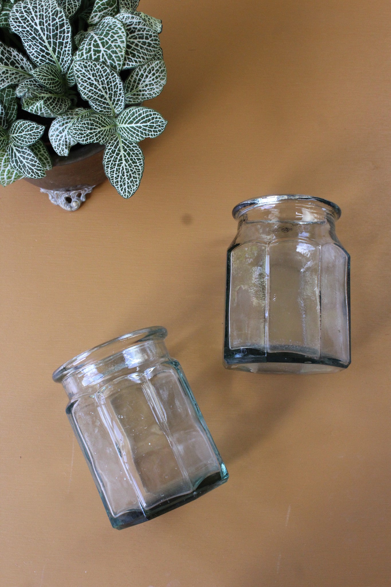 Pair Vintage Hexagonal Glass Jars - Kernow Furniture