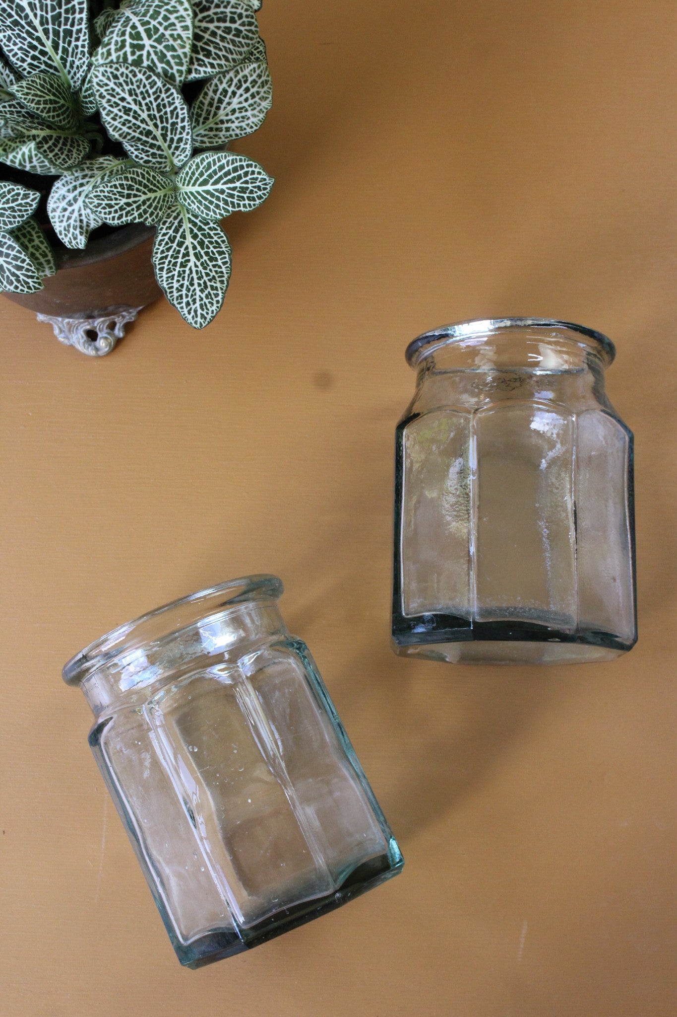 Pair Vintage Hexagonal Glass Jars - Kernow Furniture