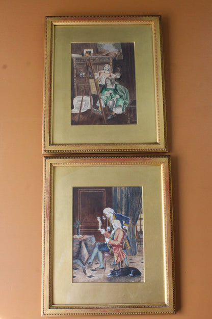 Pair Antique Watercolours - R Hall - Connoisseurs - Kernow Furniture