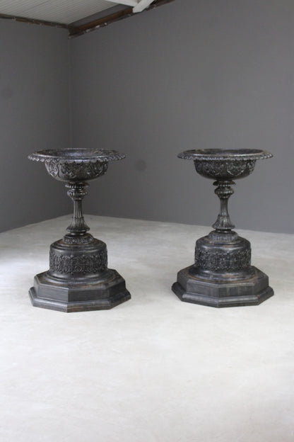 Pair Large Antique Victorian Cast Iron Garden Urns - Kernow Furniture