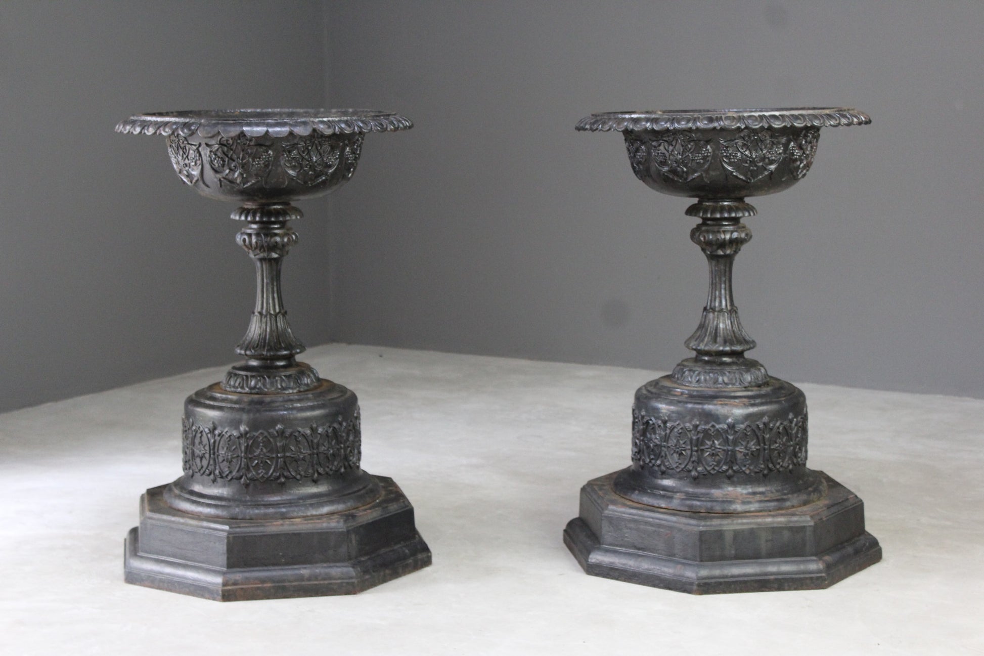 Pair Large Antique Victorian Cast Iron Garden Urns - Kernow Furniture