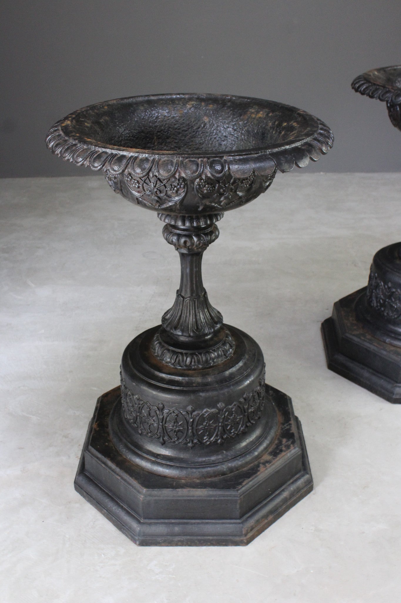 Pair Large Antique Victorian Cast Iron Garden Urns - Kernow Furniture