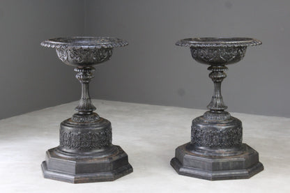 Pair Large Antique Victorian Cast Iron Garden Urns - Kernow Furniture