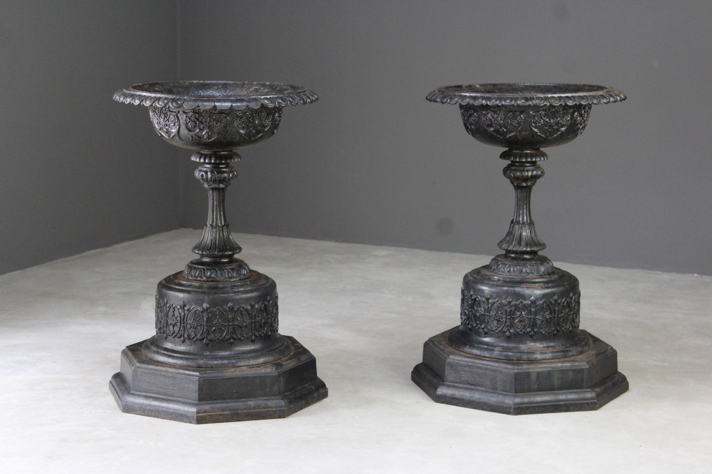 Pair Large Antique Victorian Cast Iron Garden Urns - Kernow Furniture