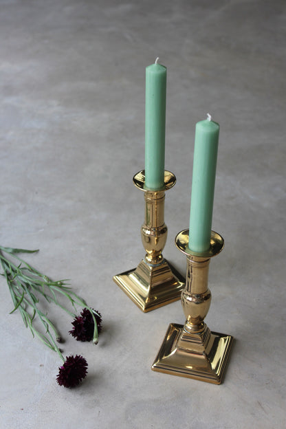 Pair Antique Short Brass Candlesticks - Kernow Furniture