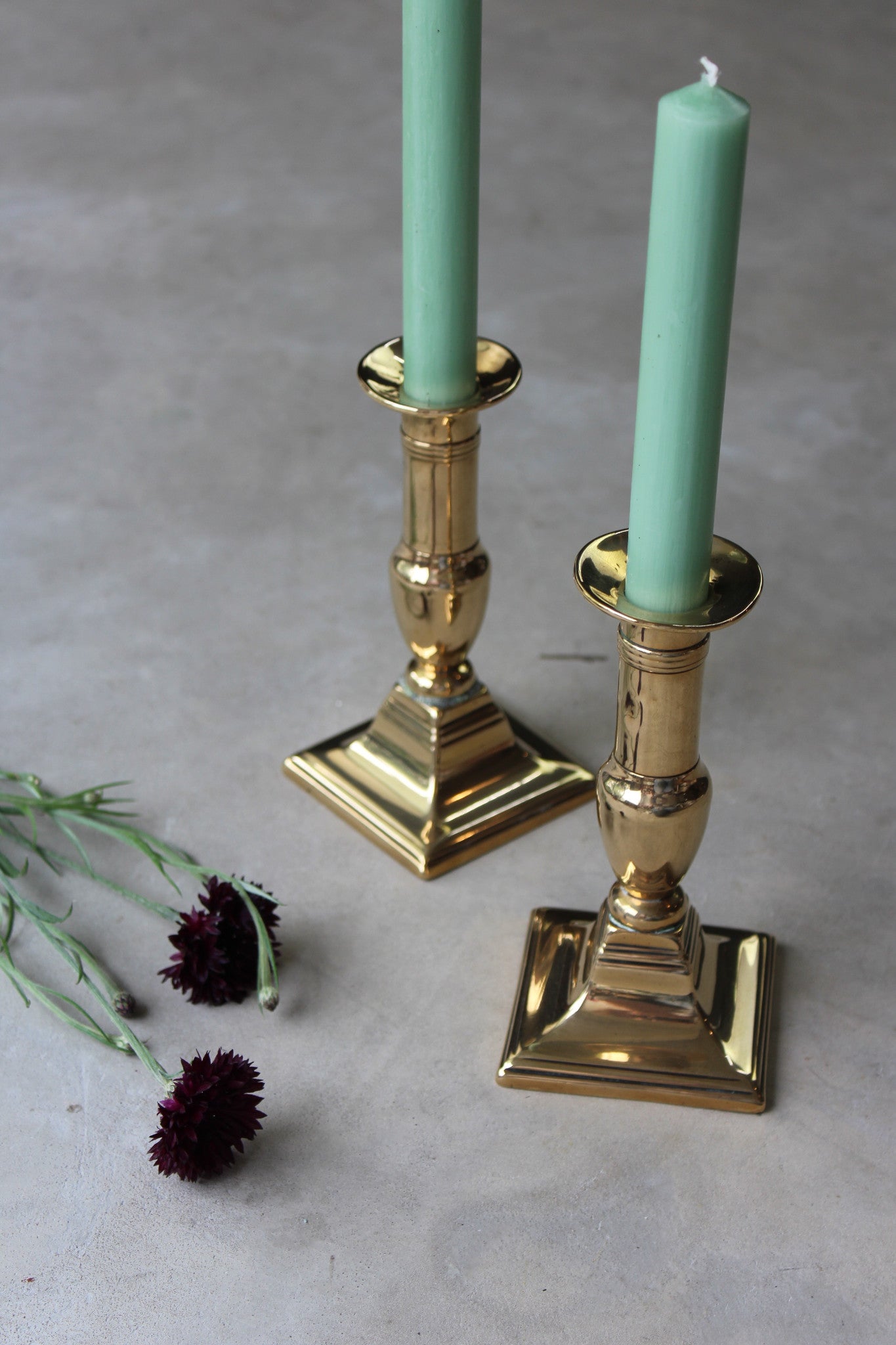 Pair Antique Short Brass Candlesticks - Kernow Furniture