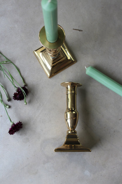 Pair Antique Short Brass Candlesticks - Kernow Furniture