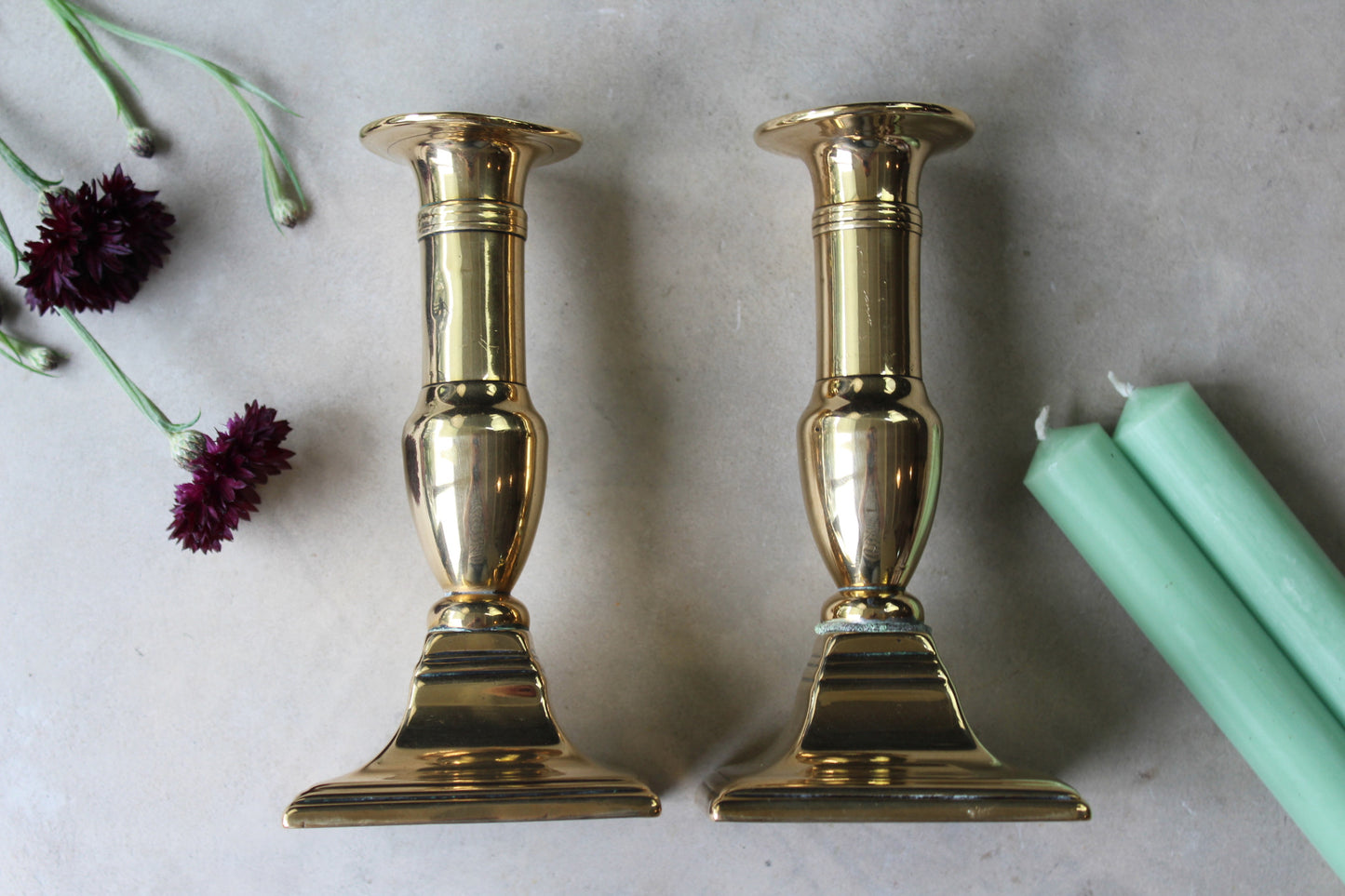 Pair Antique Short Brass Candlesticks - Kernow Furniture