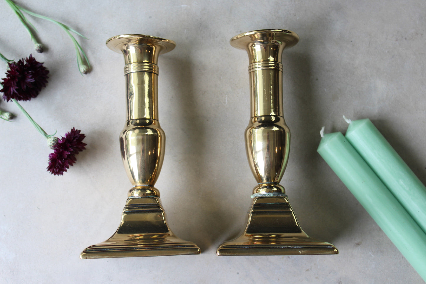 Pair Antique Short Brass Candlesticks - Kernow Furniture