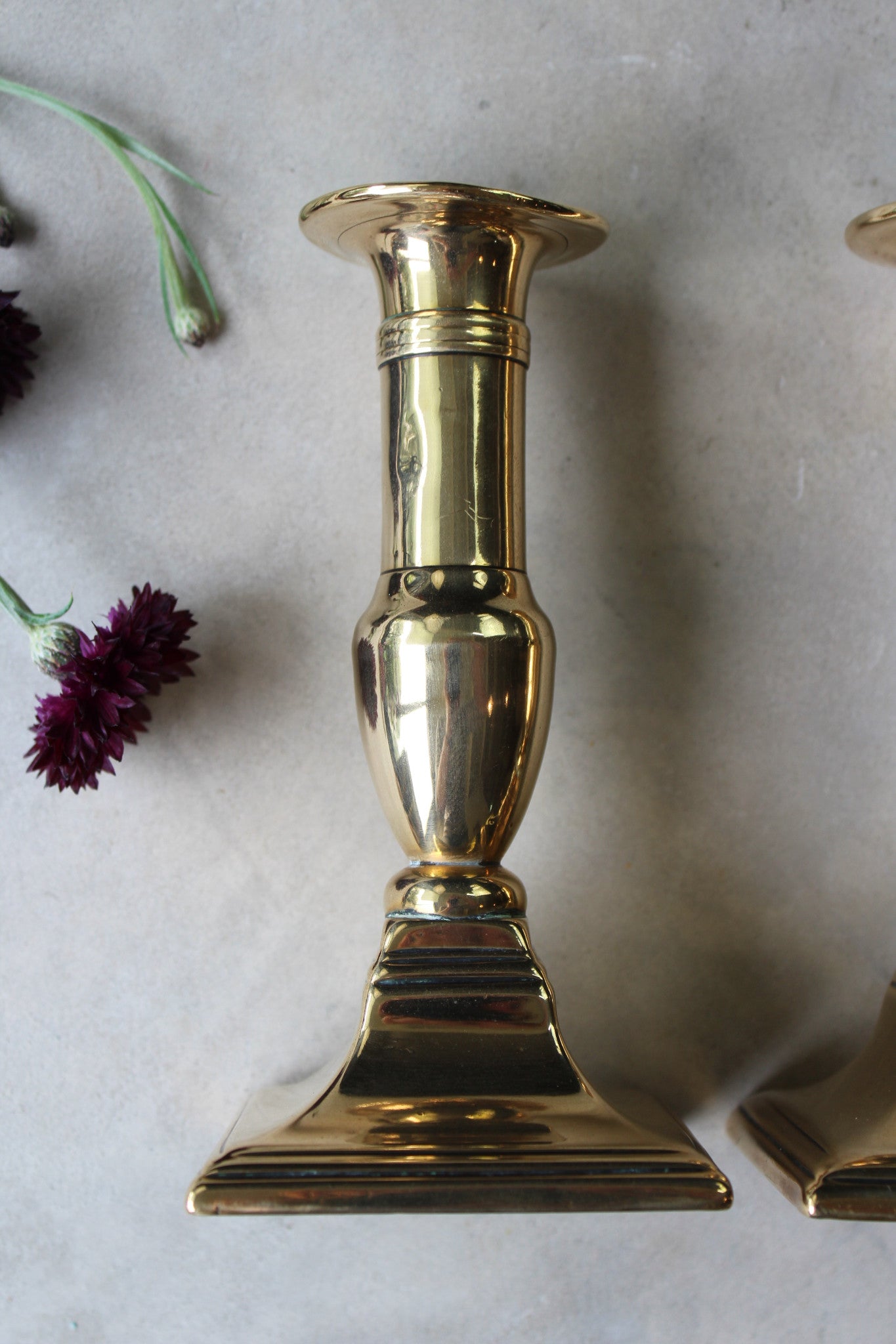 Pair Antique Short Brass Candlesticks - Kernow Furniture