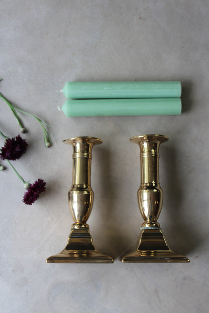 Pair Antique Short Brass Candlesticks - Kernow Furniture