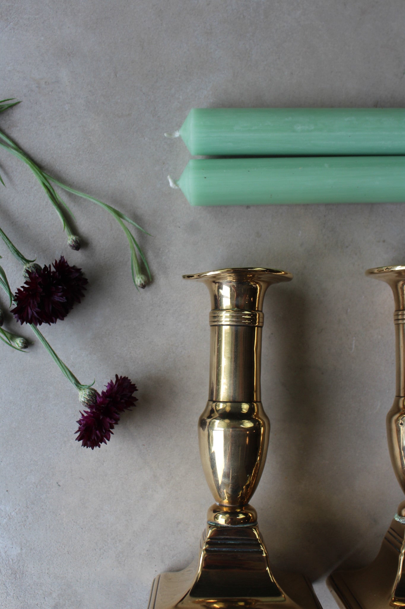 Pair Antique Short Brass Candlesticks - Kernow Furniture