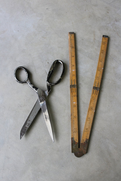 Vintage Wooden Rule & Scissors - Kernow Furniture