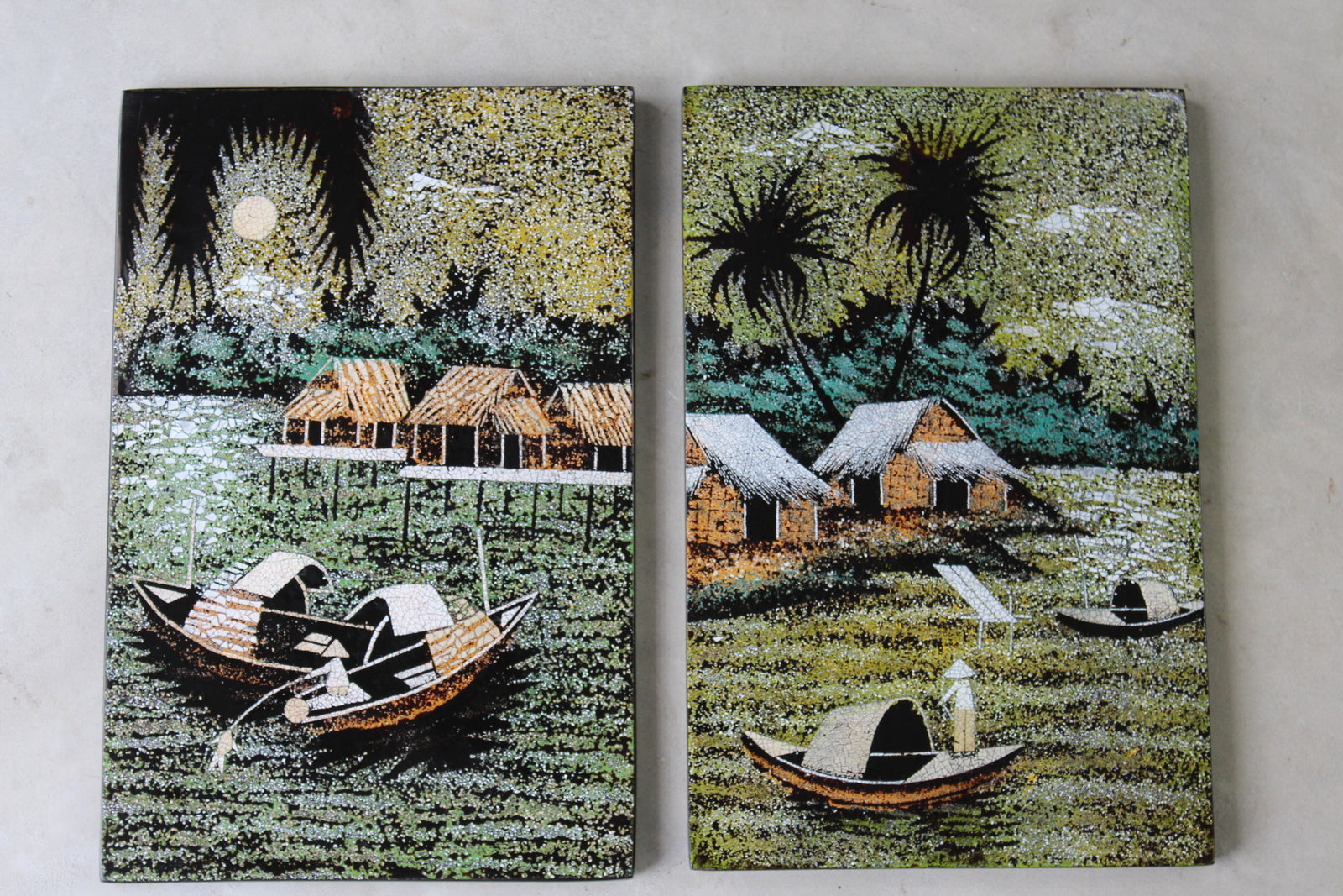 Pair Retro Oriental Lacquer Wall Plaques - Kernow Furniture