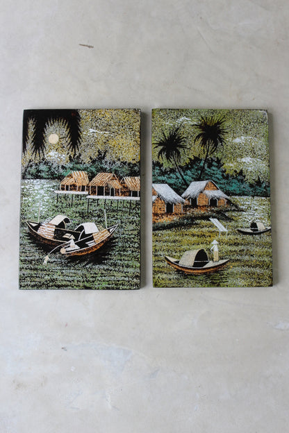 Pair Retro Oriental Lacquer Wall Plaques - Kernow Furniture